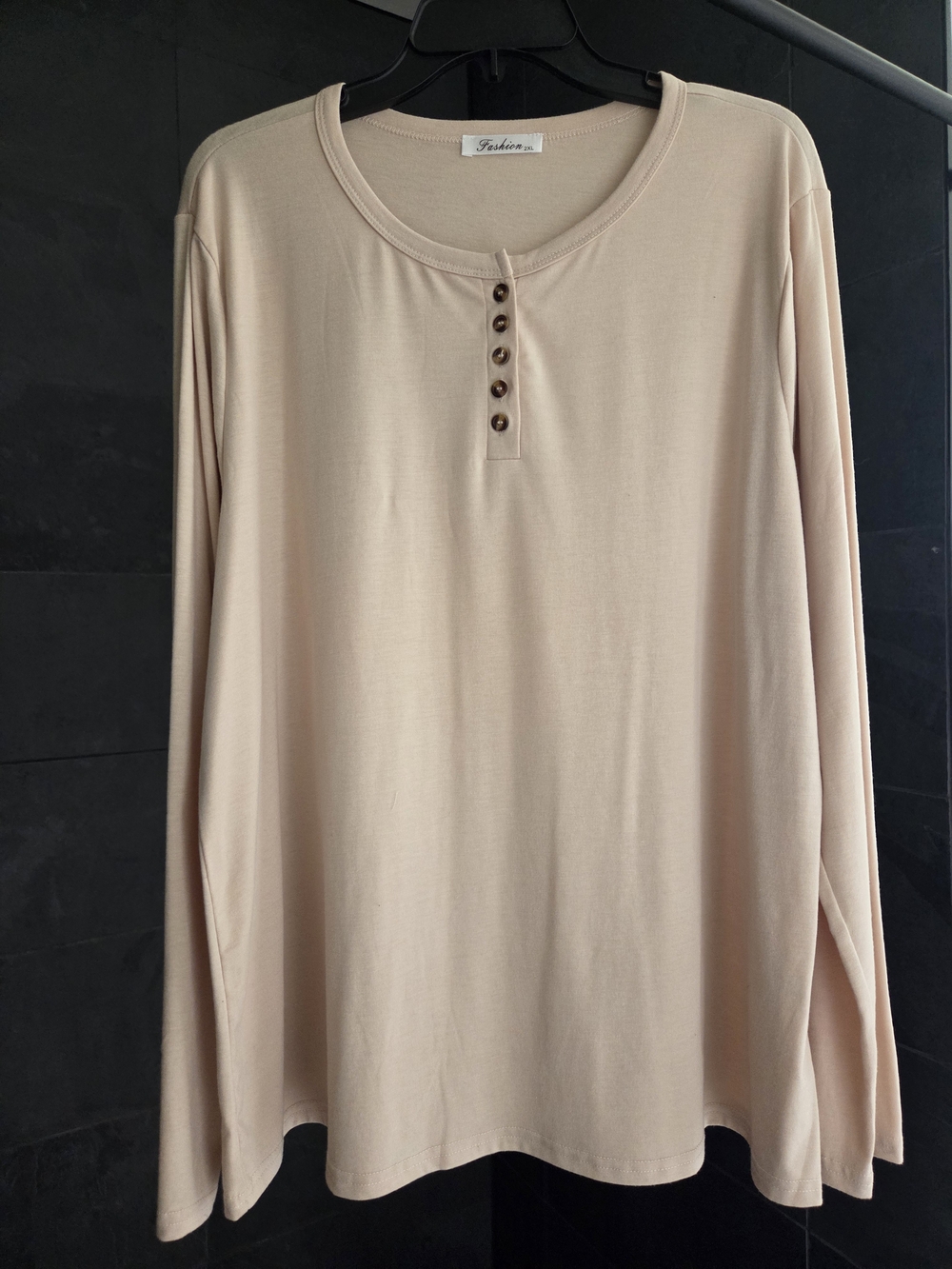Fashion Easy Henley Long-Sleeve Top in Light Beige